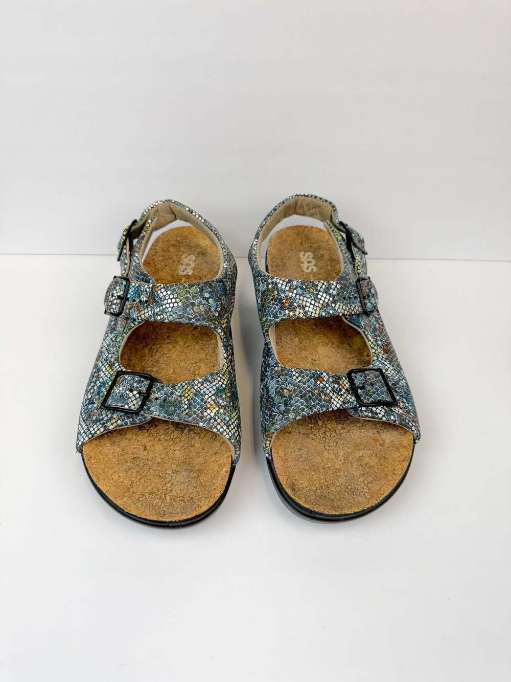 SAS Relaxed Heel Strap Sandal Blue Metallic Snakeskin Cork Comfort Size 12 M